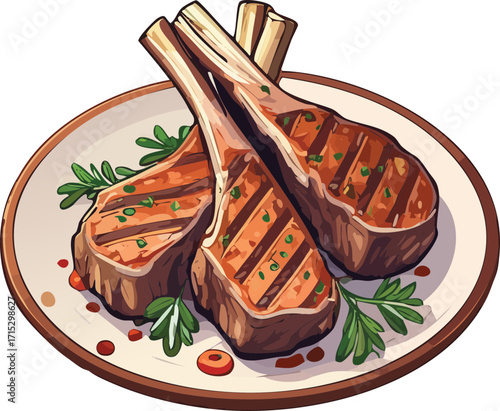 Smoked Lamb Chops Grilled BBQ Food Vector Illustration