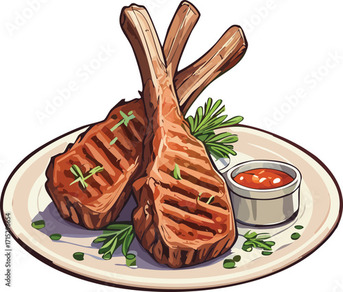 Smoked Lamb Chops Grilled BBQ Food Vector Illustration