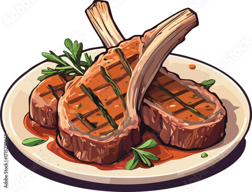 Smoked Lamb Chops Grilled BBQ Food Vector Illustration