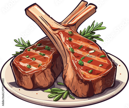 Smoked Lamb Chops Grilled BBQ Food Vector Illustration
