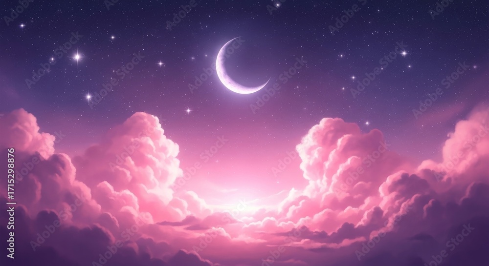 Naklejka premium Ethereal Sunset with Moon and Stars in Dreamy Cloudy Sky