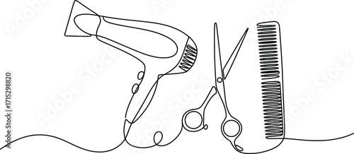 Minimalist Line Art of Hair Dryer, Scissors, and Comb