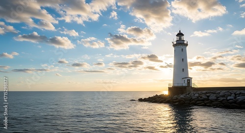 Wallpaper Mural Coastal Lighthouse on Rocky Breakwater Reflecting Golden Sunset Sky with Dramatic Clouds. Torontodigital.ca