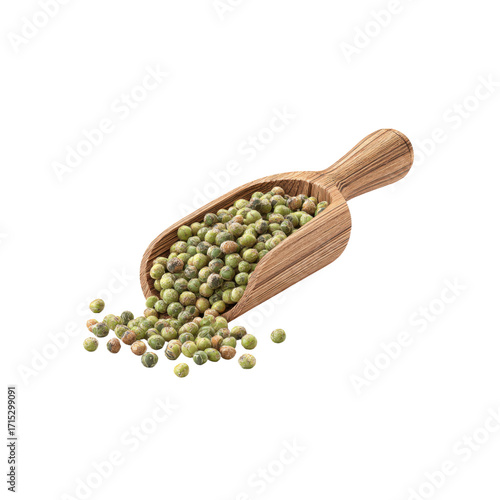Green Peppercorns in Wooden Scoop, Close-Up Studio Shot
