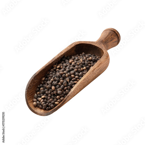 Aromatic Black Peppercorns in Wooden Scoop