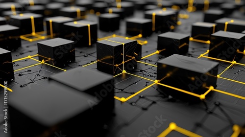 Network of black cubes interconnected by yellow lines.