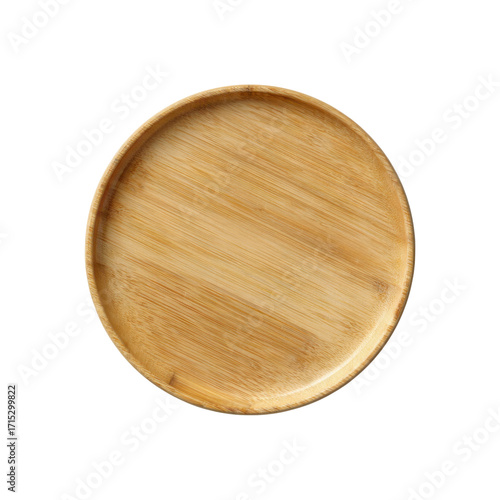 Top View of Empty Round Wooden Bamboo Plate on Black Background