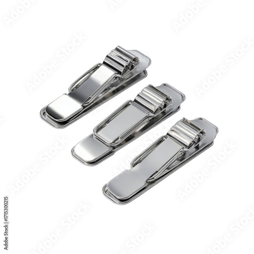 Three Modern Metal Binder Clips, Close-up Product Shot