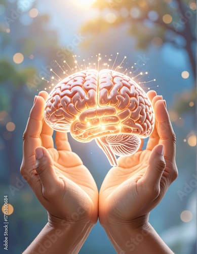 Two hands gently cradle a glowing, illuminated brain, symbolizing thought and intellect.