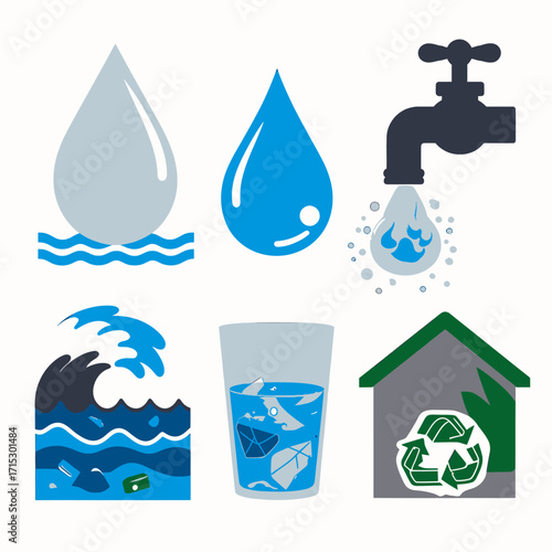 Vector icons illustrating water concepts like drops, faucets, ocean pollution, and recycling for environmental awareness.