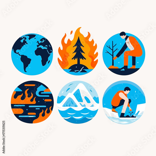 Six circular icons depicting environmental themes: Earth, wildfire, tree planting, flood, mountains, and planting in snow.