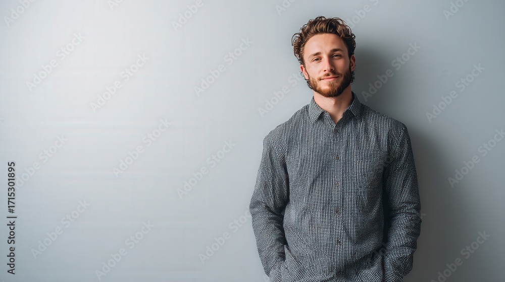 Obraz premium Confident Young Man in Casual Attire Posing Against a Neutral Background