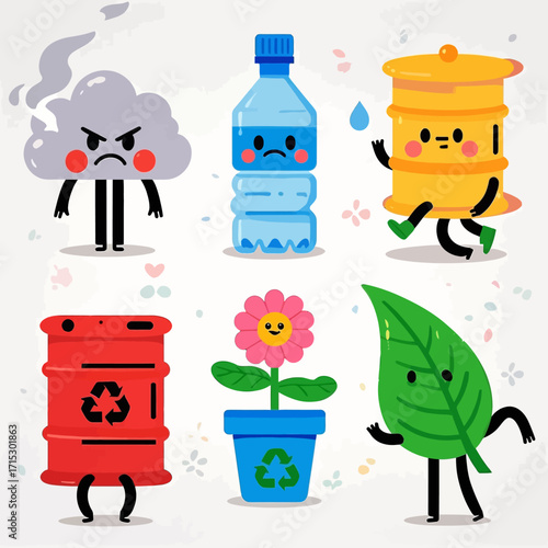 Six cute cartoon characters representing environmental themes, including pollution, plastic waste, recycling, and healthy nature.