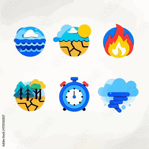 Six circular icons depicting environmental issues: ocean with clouds, drought with sun, fire, deforestation, alarm clock, and a tornado under a cloud.