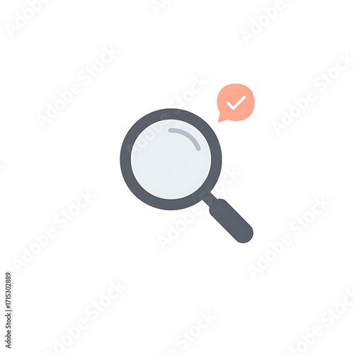 Verified search result icon with magnifying glass and check mark. Concept for data validation, successful analysis, and finding information