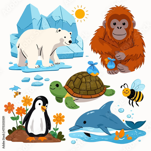 Endangered animals and environmental issues illustrated with cute cartoon characters.