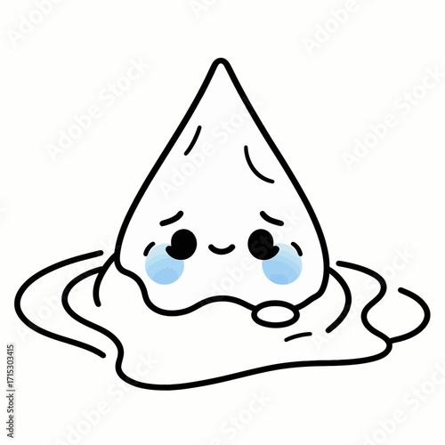 A sad, melting ice cube cartoon character cries on a puddle.
