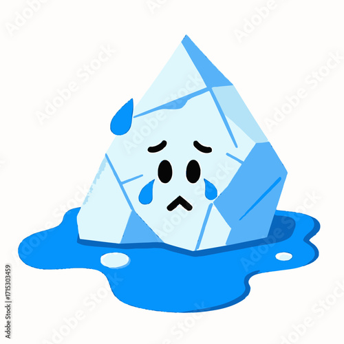 A sad, crying cartoon ice cube character with a worried expression melts into a blue puddle of water.