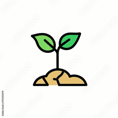 A simple icon of a green sprout with two leaves growing from a mound of cracked brown soil.