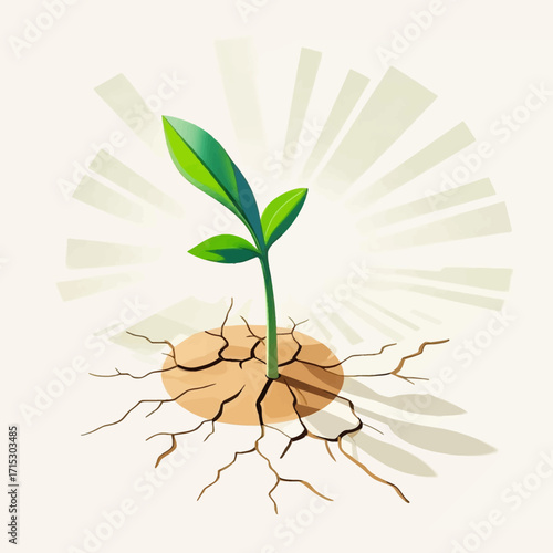 A resilient green sprout emerges from dry, cracked earth, symbolizing new life, growth, and hope.