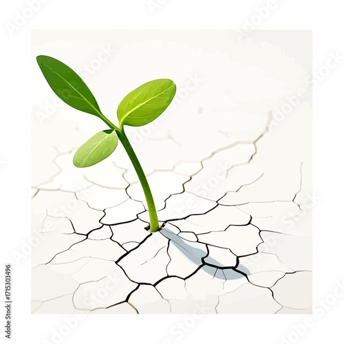 A resilient green seedling emerges from dry, cracked white ground, symbolizing hope, growth, and new life.
