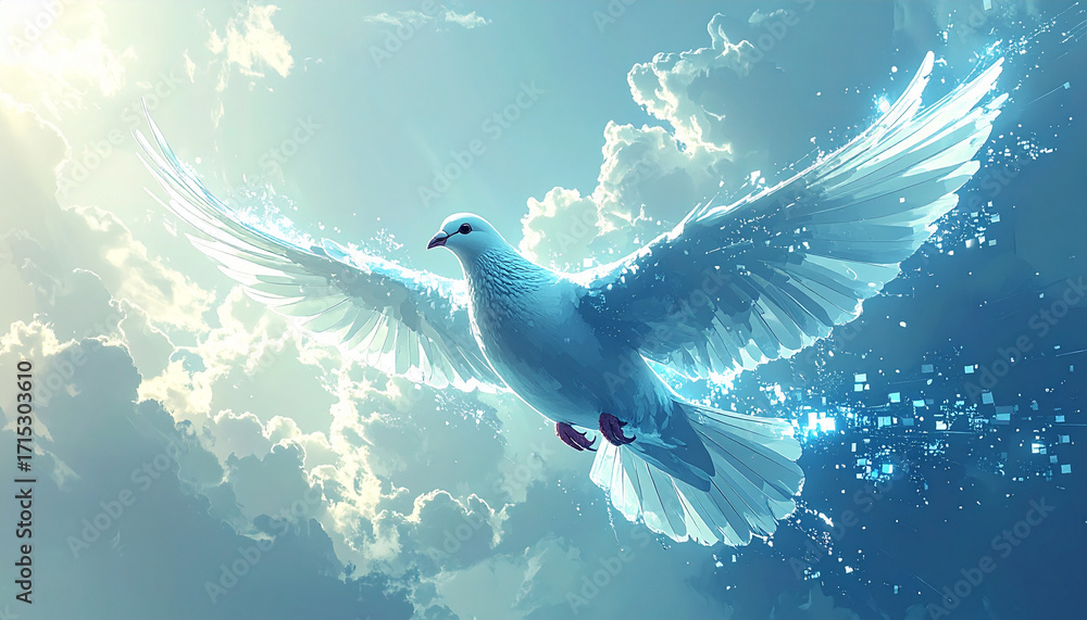 Fototapeta premium Peace in digital era shines as white dove soars through glowing sky with light and technology blending in harmony