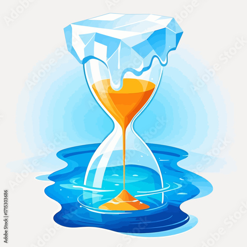 A stylized hourglass with melting ice on top, submerged in water, representing time and climate change.