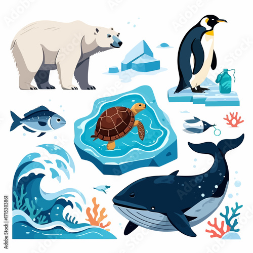 A collection of Arctic and ocean animals including a polar bear, penguin, whale, turtle, fish, with icebergs, water, and coral, illustrating marine life and environment.