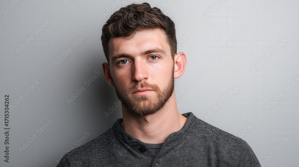 Fototapeta premium Portrait of a Young Man with a Serious Expression Against a Neutral Background