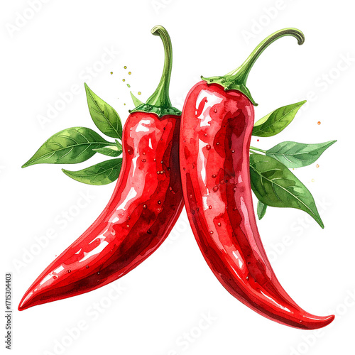 Fiery Chili Peppers Watercolor PNG: A striking depiction of vibrant red chili peppers, each exuding freshness. Paired with green leaves, they stand out. 