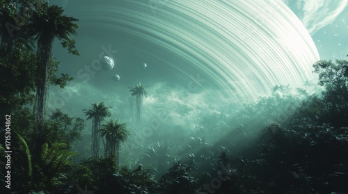 A planet with a large green ring and a few trees in the background