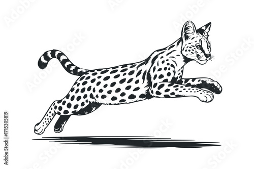 Serval Cat in Mid-Leap Dynamic Pose. Vector hand drawn