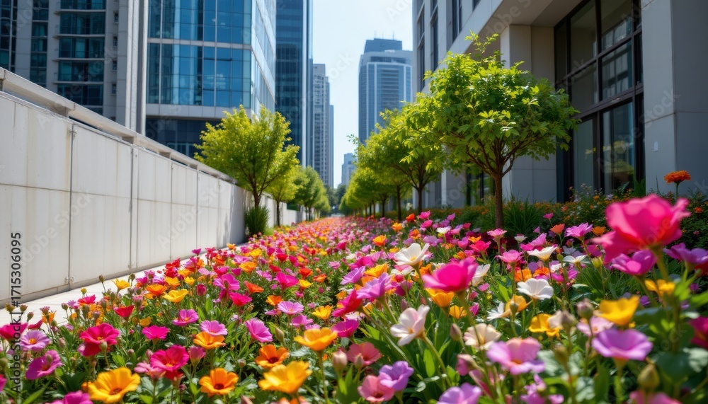 Fototapeta premium Urban Flower Garden with Modern Architecture