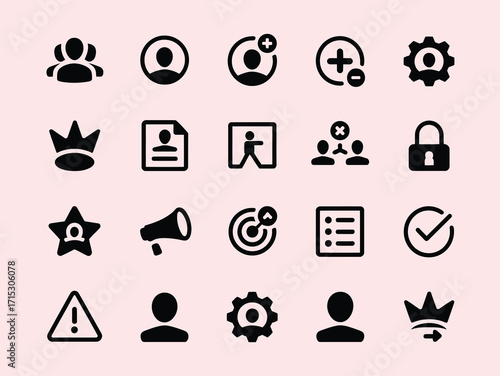 Black glyph user account icons collection, featuring profile silhouette, login, admin, guest, secure identity, list, and contact symbols, perfect for apps, websites, dashboards, and digital projects.