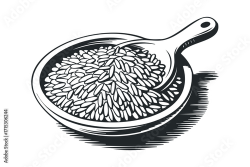 Bowl of rice with scoop on transparent background. Vector hand drawn