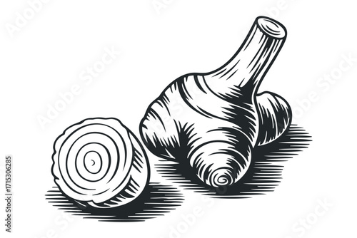 Ginger root with sliced section image. Vector hand drawn