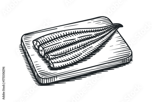 Hand drawn eel fillets on wooden cutting board. Vector hand drawn