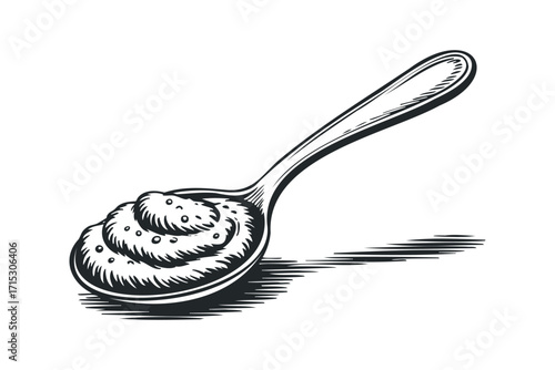 Spoon with grainy condiment image on transparent background. Vector hand drawn