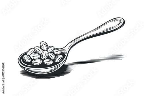 Spoon filled with coffee beans on transparent background, format. Vector hand drawn