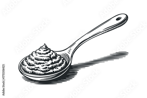 Spoon filled with creamy condiment image. Vector hand drawn