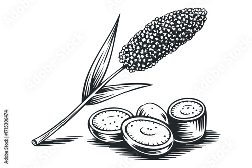 Sorghum grain head and sliced stalks on white. Vector hand drawn