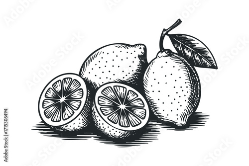 Hand Drawn Vintage Lemons with Leaf Transparent. Vector hand drawn