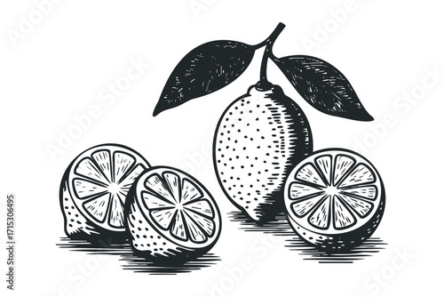 Lemon fruit and slices with leaves on transparent background. Vector hand drawn