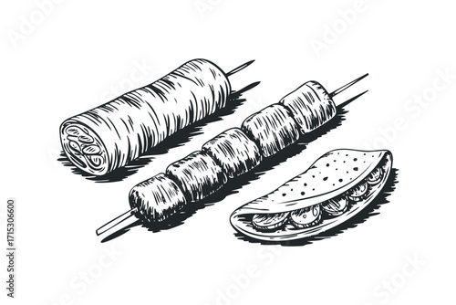 Hand Drawn Meat Skewer And Flatbread. Vector hand drawn