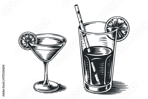 Two refreshing drinks with lime slices and straws on transparent. Vector hand drawn