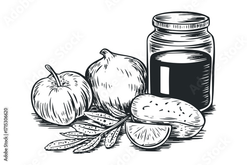 Pantry still life of fruits vegetables and jar on transparent background. Vector hand drawn