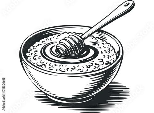 Bowl of Cereal with Honey Dipper. Vector hand drawn