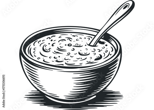 Bowl of porridge with spoon transparent background. Vector hand drawn