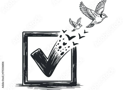 Checkmark in box transforms into flying birds. Vector hand drawn