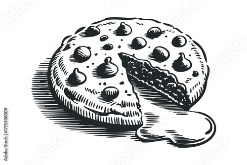 Chocolate chip cookie with a slice removed. Vector hand drawn